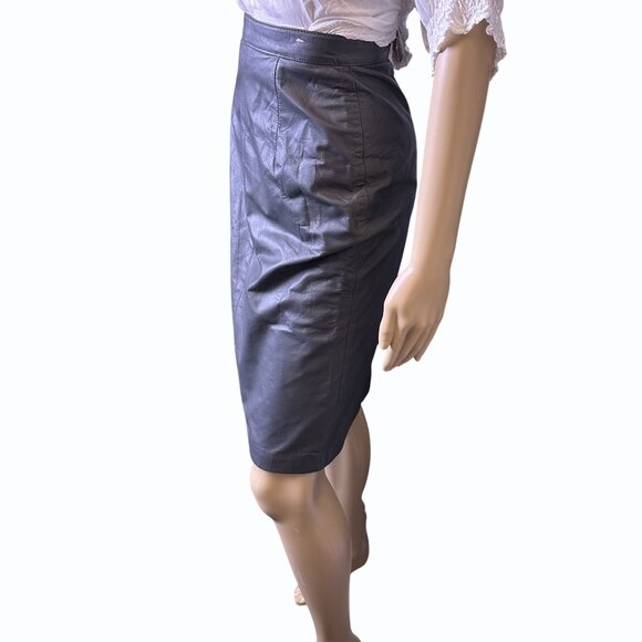 Vintage Y2K Brass Plum Gray Leather Pencil Skirt Jr Size 3 Midi‎ Zipper Mob Wife - Picture 6 of 16